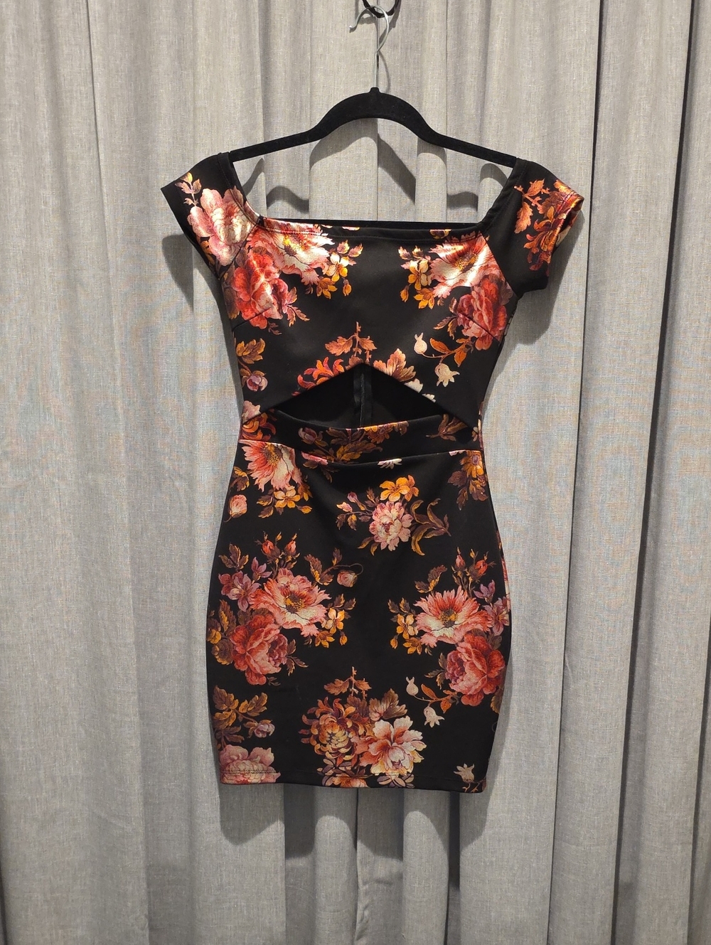 Privy Black Mini Dress with Pink & Orange Floral Foil Like Print Cutout